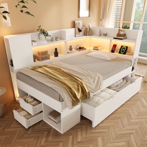Lit 90x190 Cm Avec LED, USB, 3 Tiroirs Et Plusieurs Niches Blanc