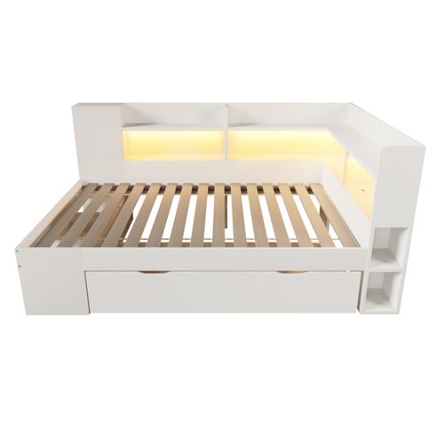 Lit 90x190 Cm Avec LED, USB, 3 Tiroirs Et Plusieurs Niches Blanc