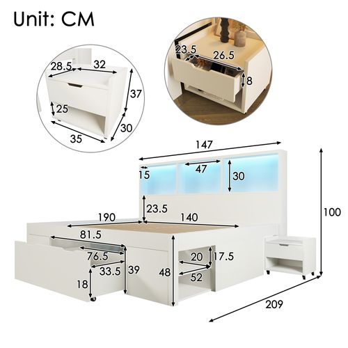Lit 140x190 Cm Avec LED, USB, 1 Tiroir, 1 Table De Chevet Et Plusieurs Niches Blanc
