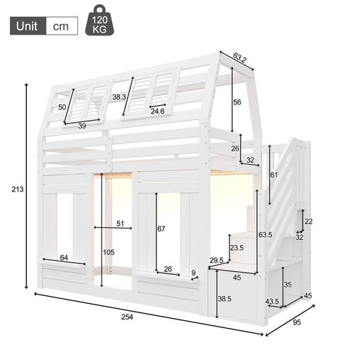 Lit Mezzanine Cabane 90 X 200 Cm Avec LED Et Escalier De Rangement Blanc