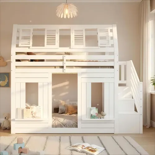 Lit Mezzanine Cabane 90 X 200 Cm Avec LED Et Escalier De Rangement Blanc