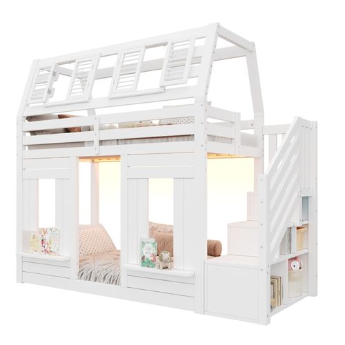 Lit Mezzanine Cabane 90 X 200 Cm Avec LED Et Escalier De Rangement Blanc