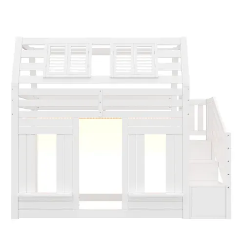 Lit Mezzanine Cabane 90 X 200 Cm Avec LED Et Escalier De Rangement Blanc