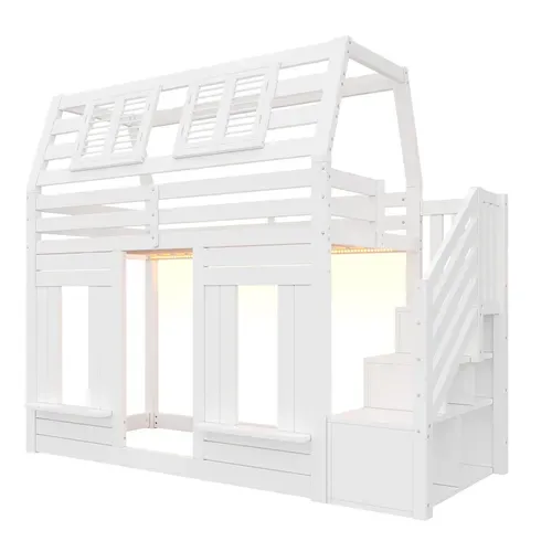 Lit Mezzanine Cabane 90 X 200 Cm Avec LED Et Escalier De Rangement Blanc