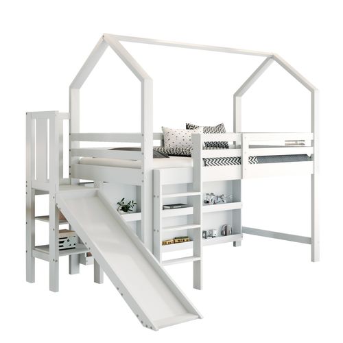 Lit Mi-haut Cabane 90 X 200 Cm Avec 6 Étagères Et Un Toboggan Blanc