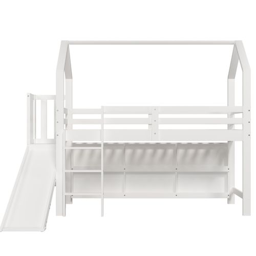 Lit Mi-haut Cabane 90 X 200 Cm Avec 6 Étagères Et Un Toboggan Blanc
