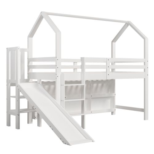 Lit Mi-haut Cabane 90 X 200 Cm Avec 6 Étagères Et Un Toboggan Blanc