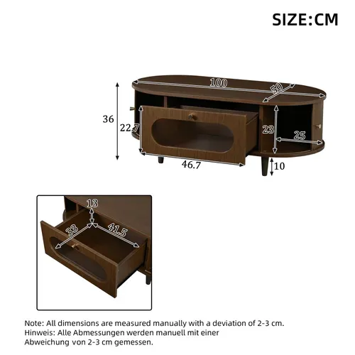 Table Basse 100 X 50 X 36 Cm Avec 2 Portes Et 1 Tiroir Marron