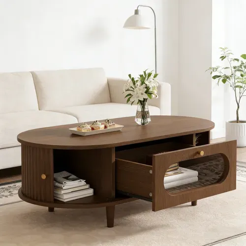 Table Basse 100 X 50 X 36 Cm Avec 2 Portes Et 1 Tiroir Marron