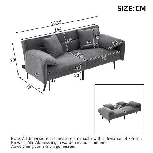 Canapé Convertible 2 Places Avec Dossier Réglable 3 Positions 100-180°, Gris