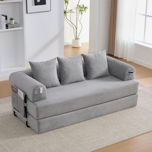 Canapé Modulable 3 Places Avec Poches Latérales Et 3 Coussins, Gris Clair