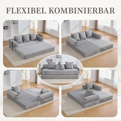 Canapé Modulable 3 Places Avec Poches Latérales Et 3 Coussins, Gris Clair