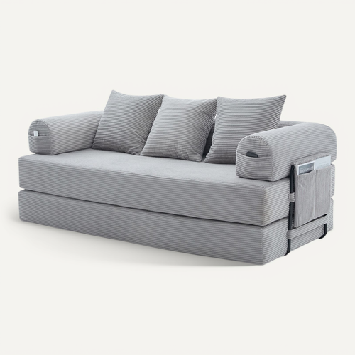 Canapé Modulable 3 Places Avec Poches Latérales Et 3 Coussins, Gris Clair