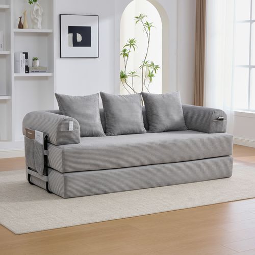 Canapé Modulable 3 Places Avec Poches Latérales Et 3 Coussins, Gris Clair