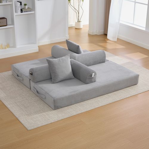 Canapé Modulable 3 Places Avec Poches Latérales Et 3 Coussins, Gris Clair