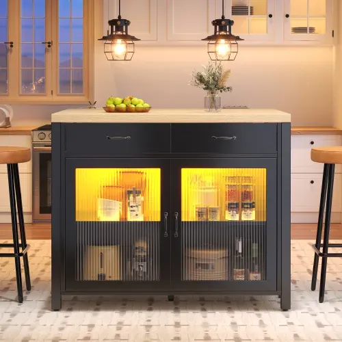 Îlot De Cuisine Mobile-desserte De Cuisine-chariot-plan De Travail-led-noir