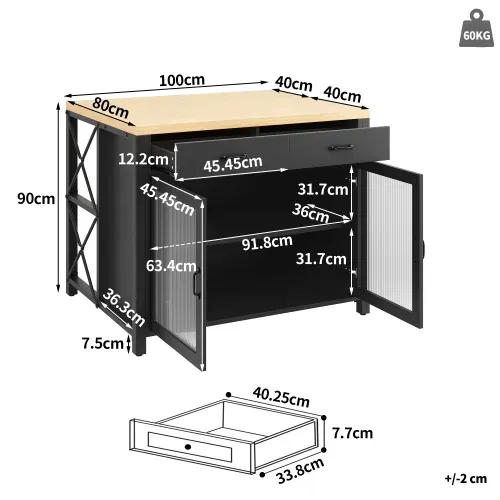 Îlot De Cuisine Mobile-desserte De Cuisine-chariot-plan De Travail-led-noir