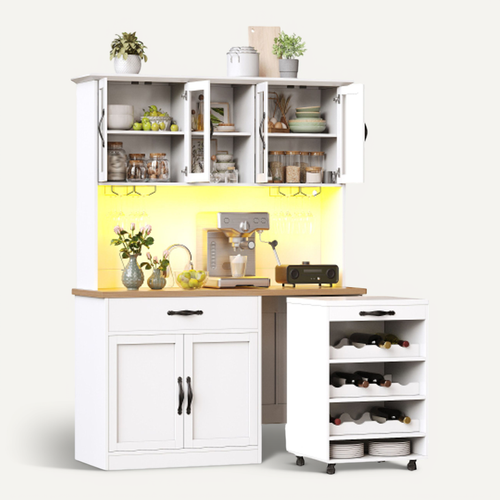 Meuble De Cuisine-avec Casier à Verres Et à Bouteilles-avec Chariot à Roulettes-led-usb-blanc