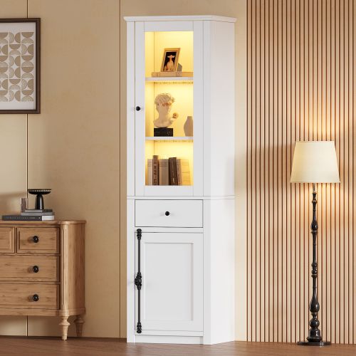 Vitrine LED-armoire Haute à 2 Portes-avec Un Tiroir-en Verre-blanc