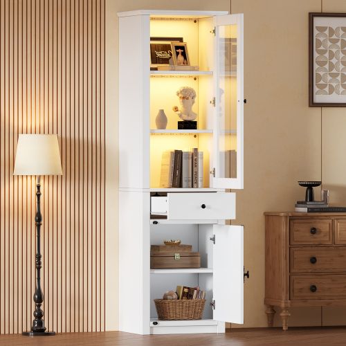 Vitrine LED-armoire Haute à 2 Portes-avec Un Tiroir-en Verre-blanc