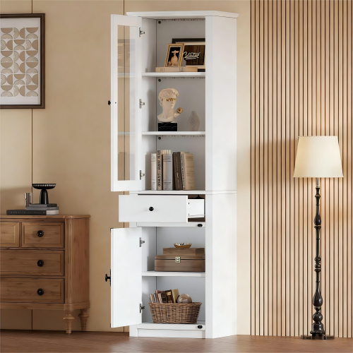 Vitrine LED-armoire Haute à 2 Portes-avec Un Tiroir-en Verre-blanc