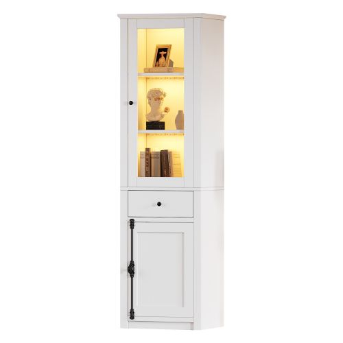 Vitrine LED-armoire Haute à 2 Portes-avec Un Tiroir-en Verre-blanc