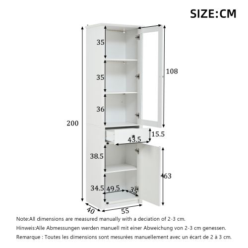 Vitrine LED-armoire Haute à 2 Portes-avec Un Tiroir-en Verre-blanc