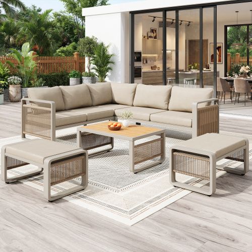 Salon De Jardin-meuble De Jardin-pour 6 à 7 Personnes-cadre Acier/composite Bois-beige