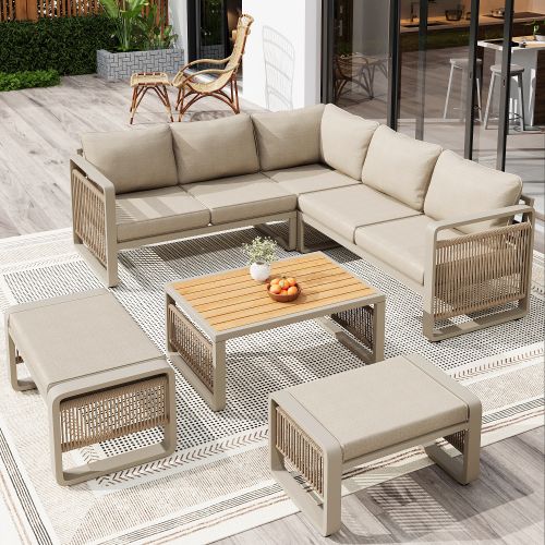 Salon De Jardin-meuble De Jardin-pour 6 à 7 Personnes-cadre Acier/composite Bois-beige