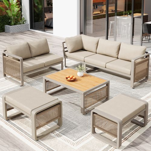 Salon De Jardin-meuble De Jardin-pour 6 à 7 Personnes-cadre Acier/composite Bois-beige