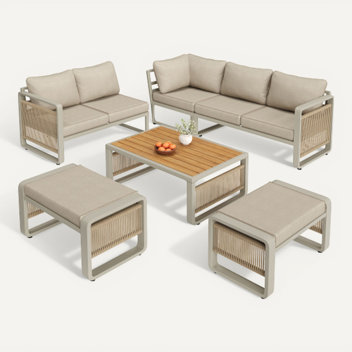 Salon De Jardin-meuble De Jardin-pour 6 à 7 Personnes-cadre Acier/composite Bois-beige