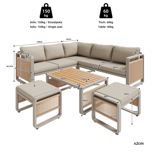 Salon De Jardin-meuble De Jardin-pour 6 à 7 Personnes-cadre Acier/composite Bois-beige