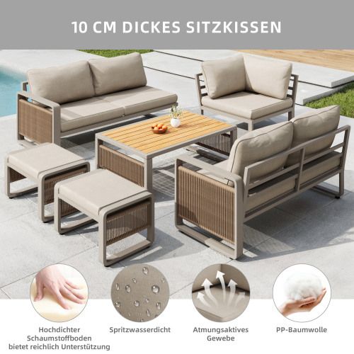 Salon De Jardin-meuble De Jardin-pour 6 à 7 Personnes-cadre Acier/composite Bois-beige