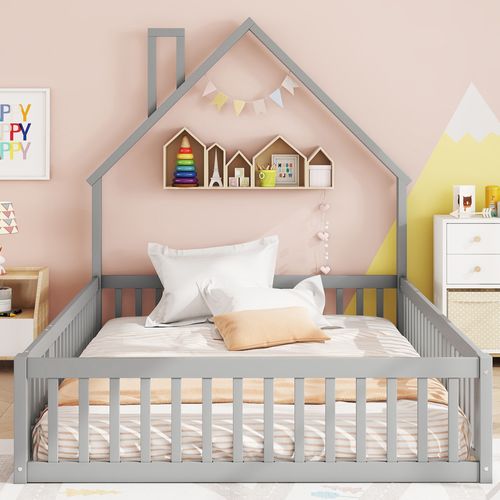 Lit Cabane Enfant 140 X 190 Cm En Bois Gris Avec Barrières De Sécurité – Design Maison