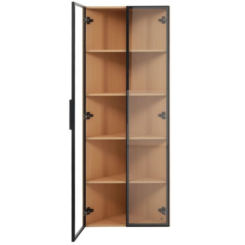 Vitrine D'angle En Verre 62x35x160cm Avec 2 Portes Et LED Imitation Chêne