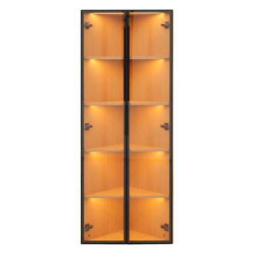 Vitrine D'angle En Verre 62x35x160cm Avec 2 Portes Et LED Imitation Chêne