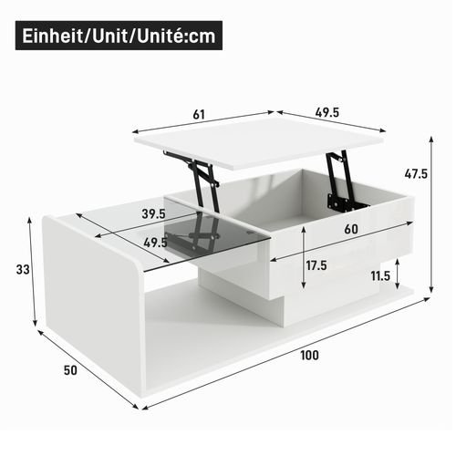 Table Basse Plateau Relevable Avec LED Blanc