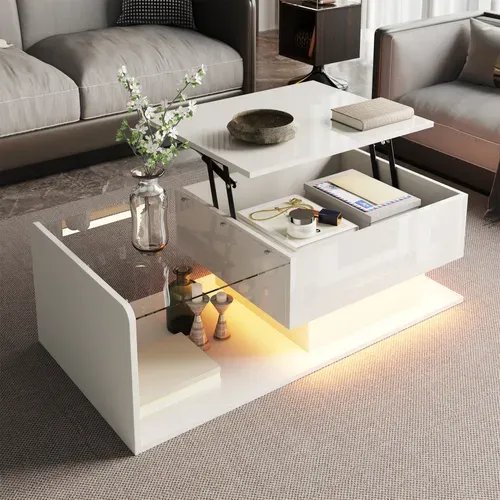 Table Basse Plateau Relevable Avec LED Blanc