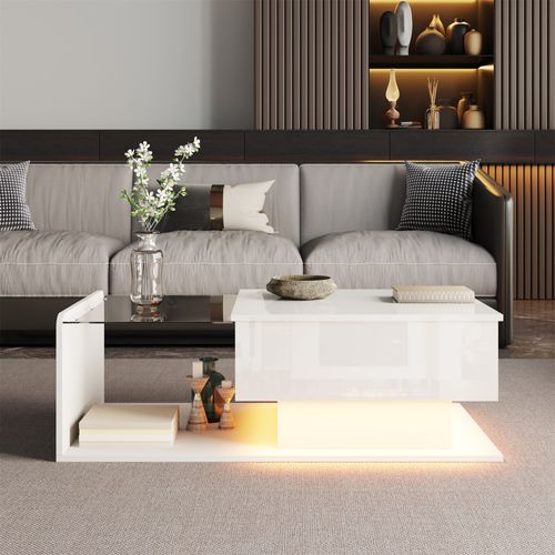 Table Basse Plateau Relevable Avec LED Blanc