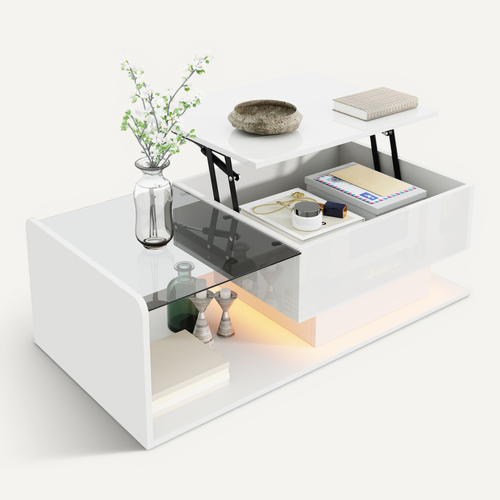 Table Basse Plateau Relevable Avec LED Blanc