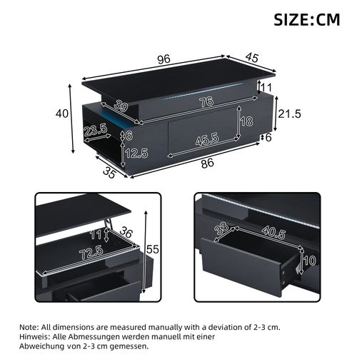 Table Basse Plateau Relevable Avec 1 Tiroir Et LED Noir
