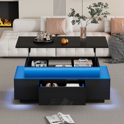 Table Basse Plateau Relevable Avec 1 Tiroir Et LED Noir