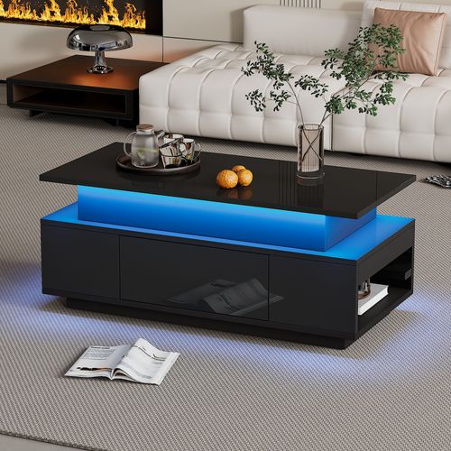 Table Basse Plateau Relevable Avec 1 Tiroir Et LED Noir