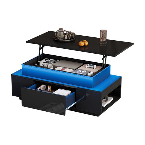 Table Basse Plateau Relevable Avec 1 Tiroir Et LED Noir