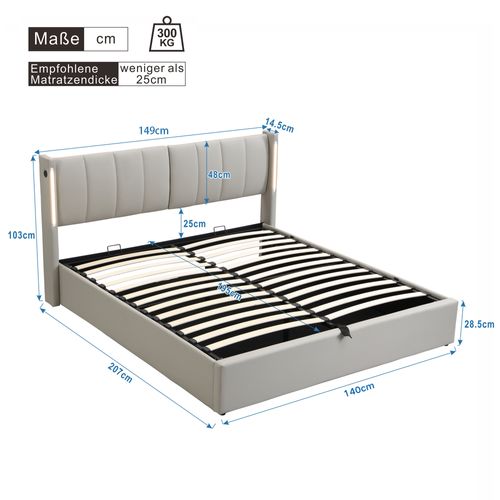 Lit Coffre 140 X 200 Cm Avec USB Et LED Pu, Gris