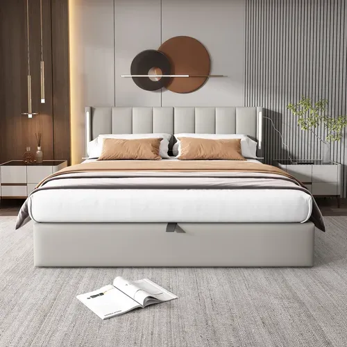 Lit Coffre 140 X 200 Cm Avec USB Et LED Pu, Gris