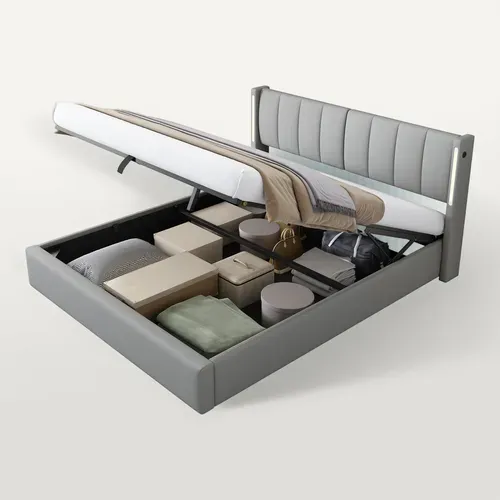 Lit Coffre 140 X 200 Cm Avec USB Et LED Pu, Gris