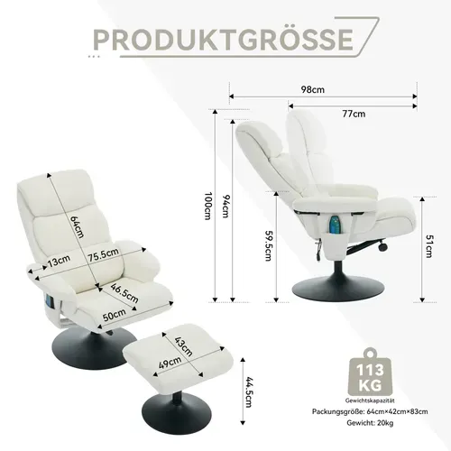 Fauteuil Relax 360° Pivotant + Repose-pieds Avec Fonctions De Massage Et De Chauffage Chenille Blanc