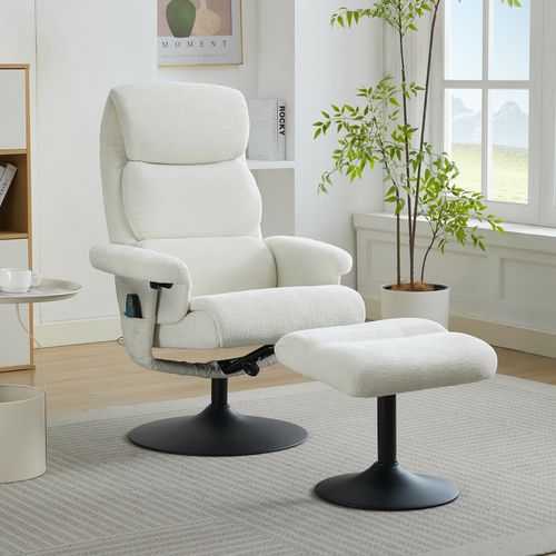 Fauteuil Relax 360° Pivotant + Repose-pieds Avec Fonctions De Massage Et De Chauffage Chenille Blanc