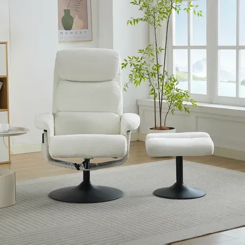 Fauteuil Relax 360° Pivotant + Repose-pieds Avec Fonctions De Massage Et De Chauffage Chenille Blanc
